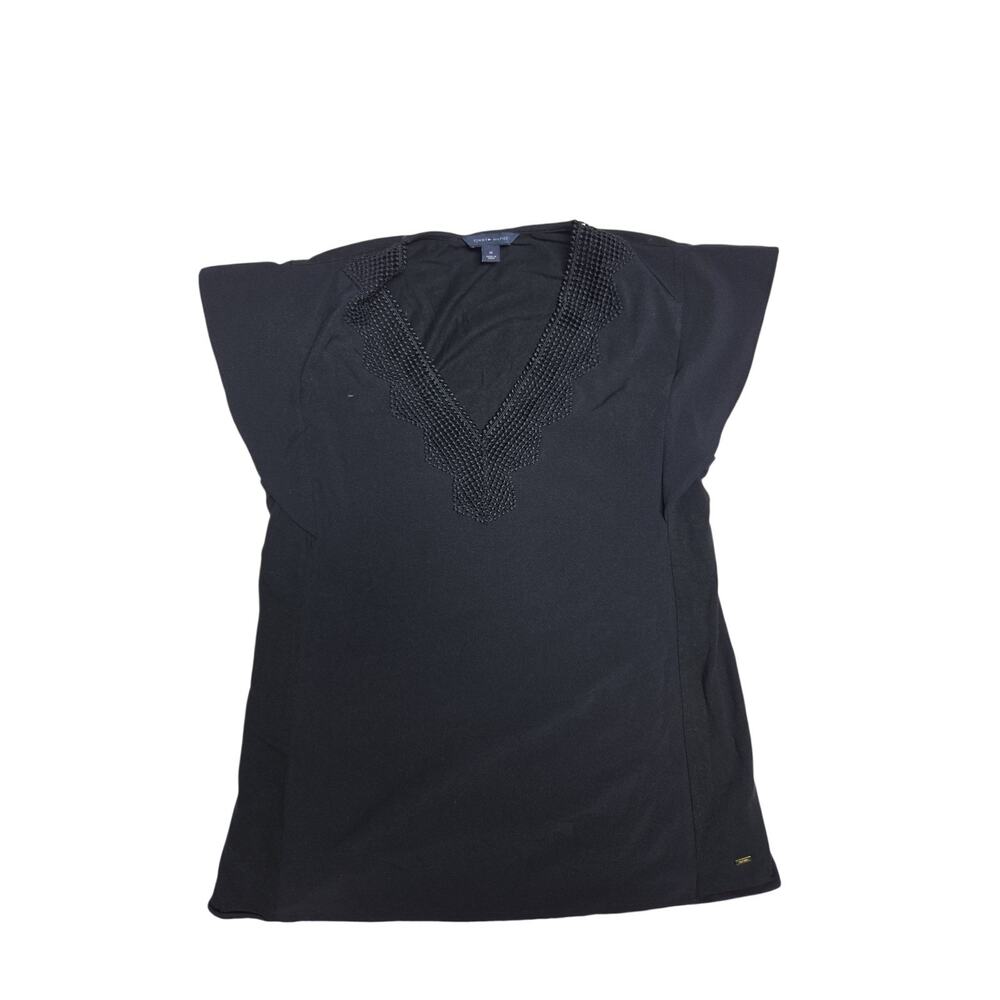 Tommy Hilfiger Black V-Neck Crochet Trim Cotton Blend Top Women Size Medium
